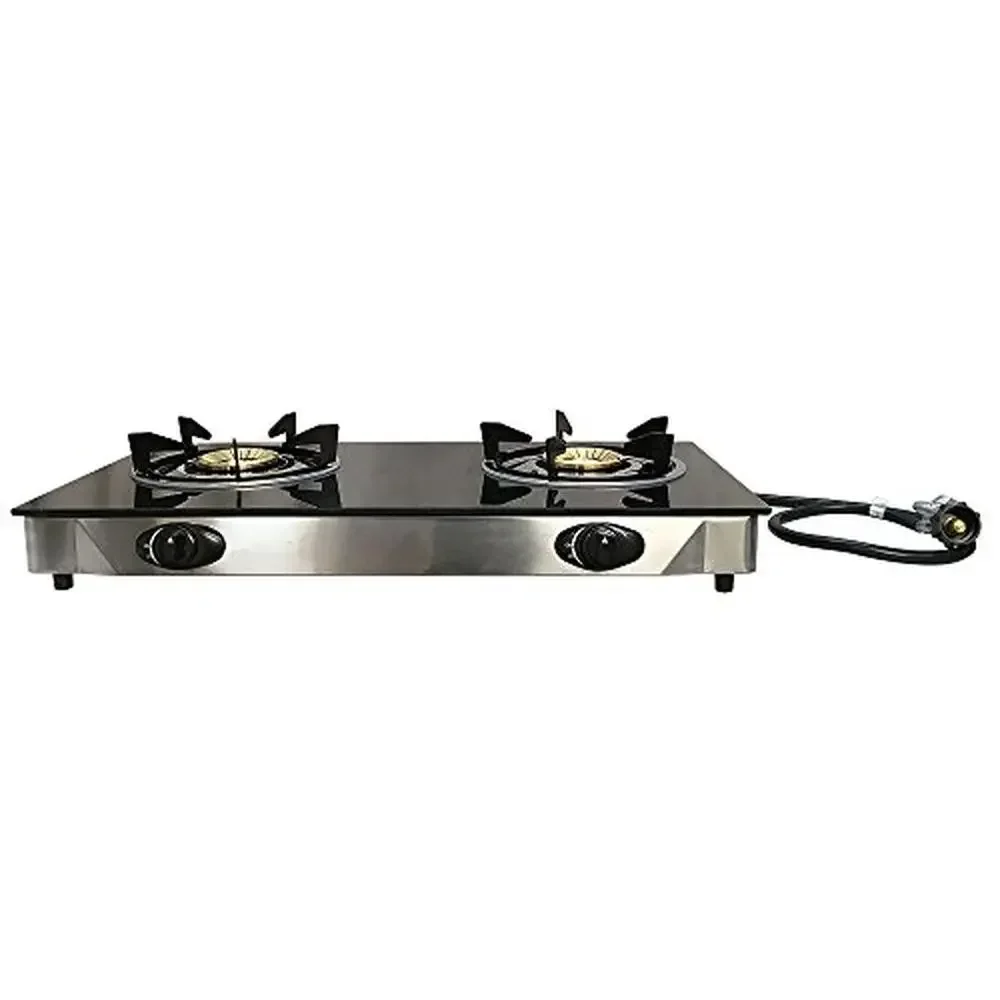 Portable Stainless Steel Double Burner Gas Stove Range with Tempered Glass Cooktop and 20,000 BTU/h Includes Regulator and Hose