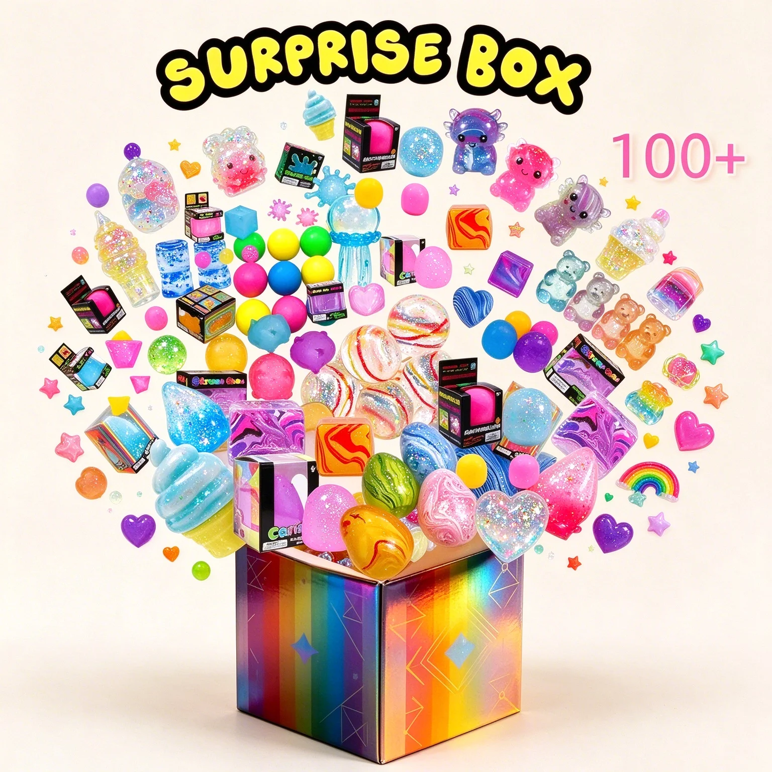 100+ Pieces Assorted Squishy Figures Blind Box Surprise Toy Slow Rising Soft Fidget Toys Featuring Moai Head Panda Rabbit Stress