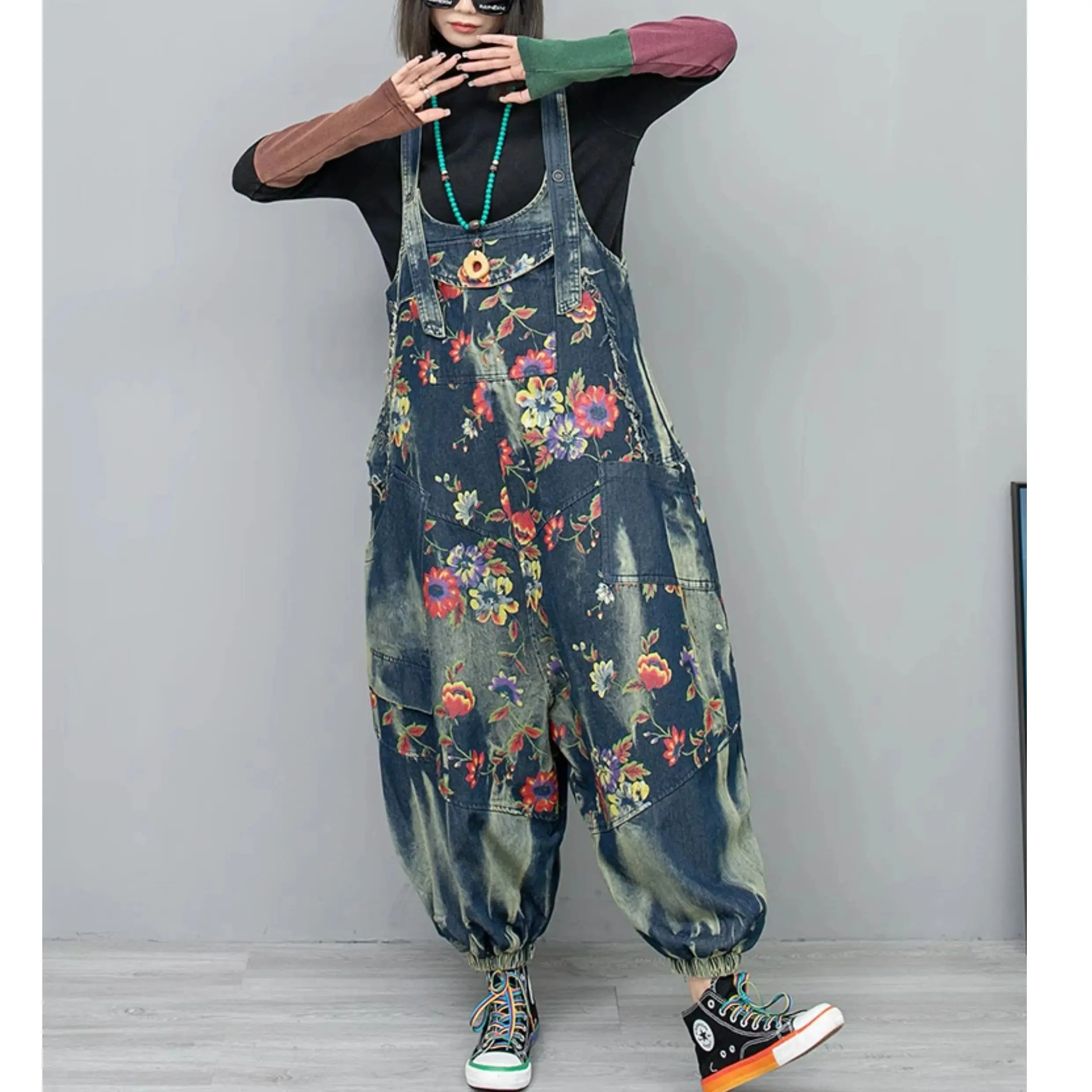 Denim Print Female Jumpsuit 2024 Spring New Fashion Sleeveless Overalls Pants Baggy Wide Leg High Waist Punk Style Trousers