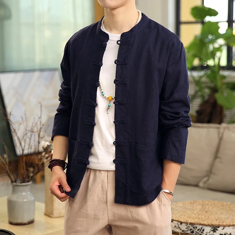 

Молодежное китайское хлопково-льняное мужское джинсовое пальто весенне-осеннего свободного кроя, длинное пальто на пуговицах, однотонная верхняя одежда