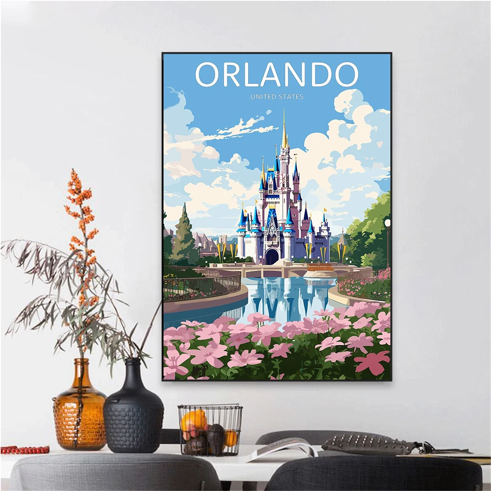 Disney Orlando Theme Park Travel Poster Orlando Travel Print Colorful Retro Travel Landscape Canvas Painting Reading Room Decor