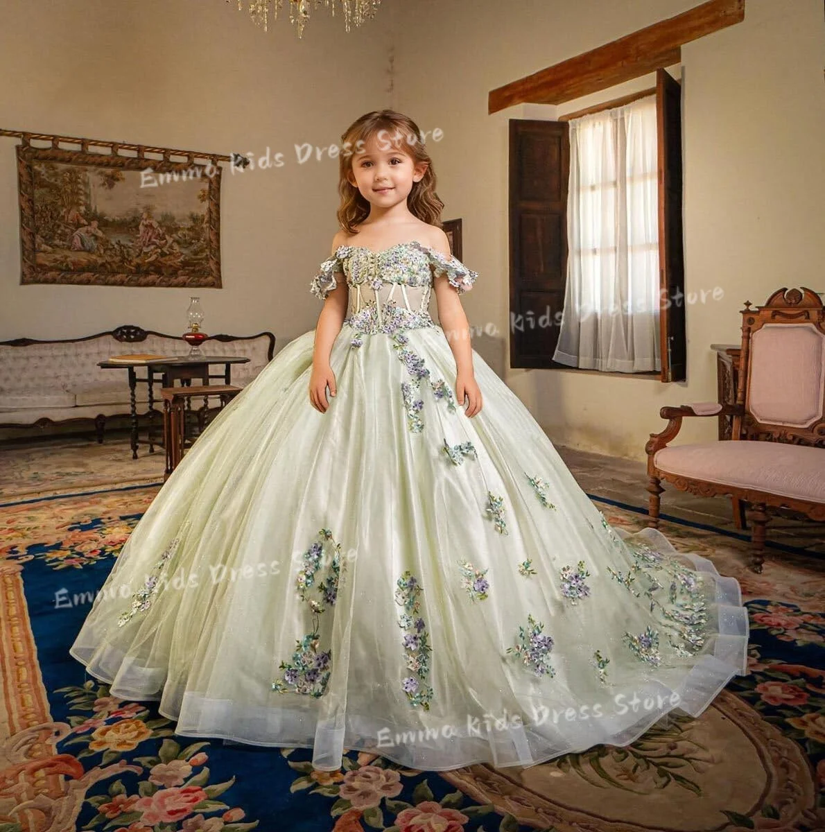 Robe de demoiselle d'honneur personnalisée avec appliques de dentelle et fleurs 3D perlées, robe de concours de beauté pour filles avec traîne longue et épaules dénudées pour cérémonie