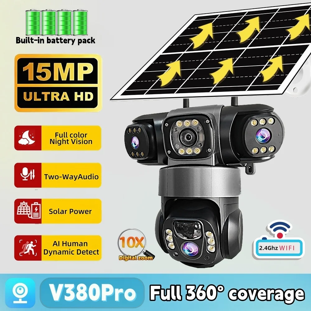 

Home Outdoor Solar Camera Triple Lens Security WiFi IP Camera 360° Panoramic PIR Motion Detection Night Vision V380Pro Monitor