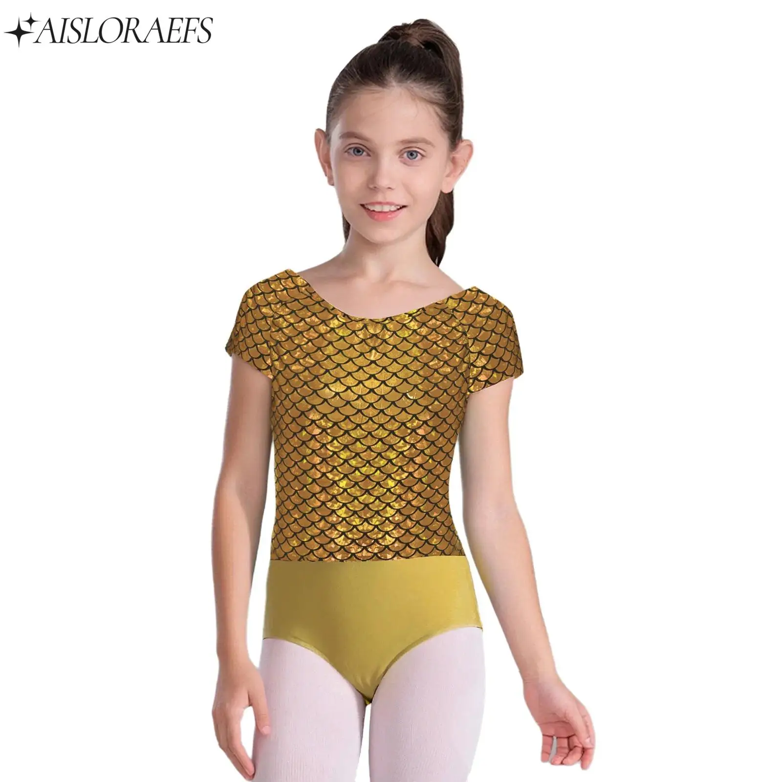 Girls Ballet Dance Gymnastics Leotard Fish Scale Print Short Sleeve Bowknot Cutout Back Bodysuit for Figure Skating Performance