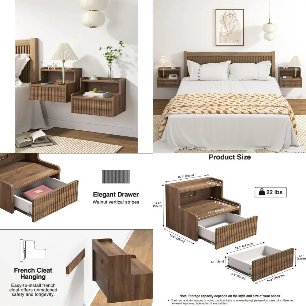 

Modern Walnut Wall Mounted Nightstands Set - Small Drawer Bedside Table, Floating Nightstand for Bedroom, Contemporary Wood Desi