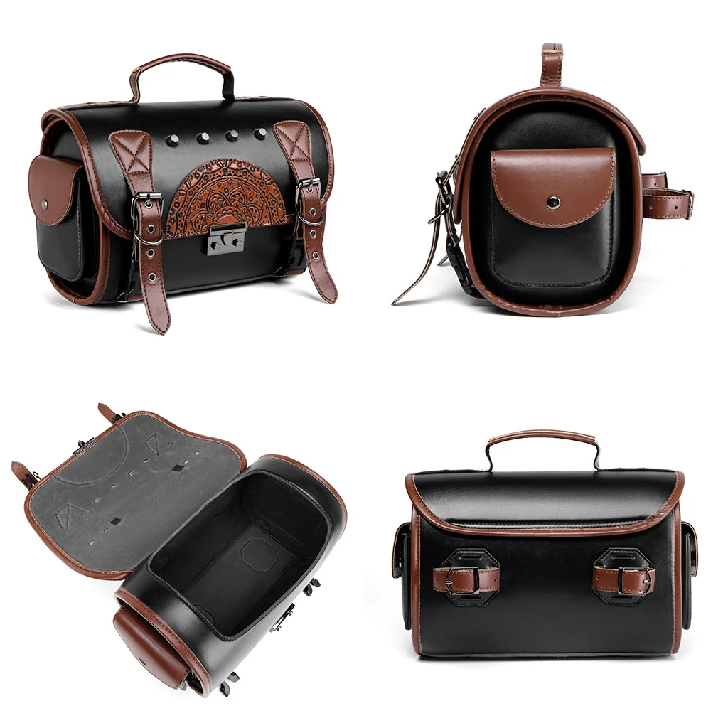 Semi-circular hand-pressed motorcycle side bag with metal buckle and reinforced double straps, waterproof tool storage pouch