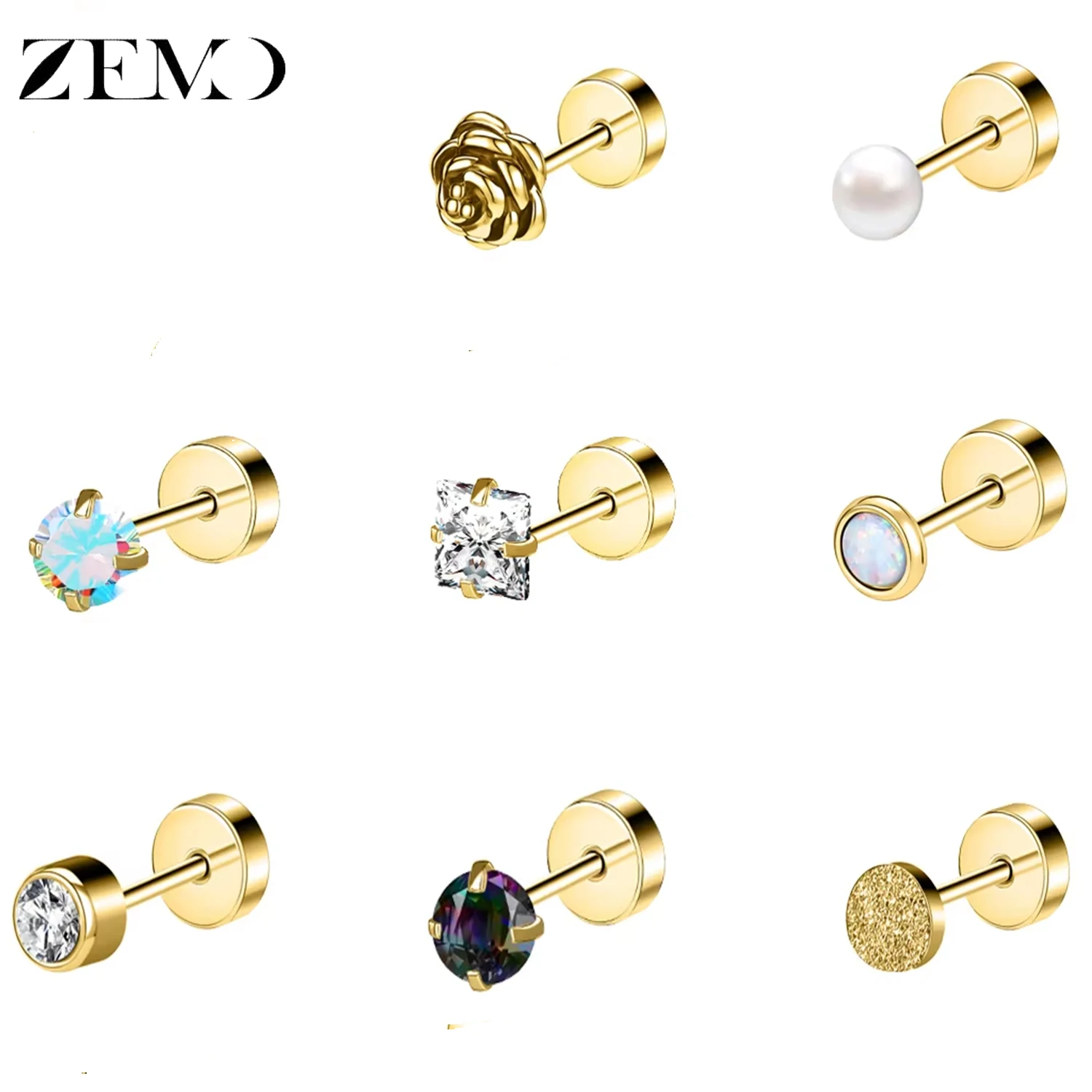 

ZEMO 2pcs/lot Star Moon Rose Ear Studs 20G Stainless Steel Flat Back Zircon Stud Earring Cartilage Helix Conch Piercings Jewelry