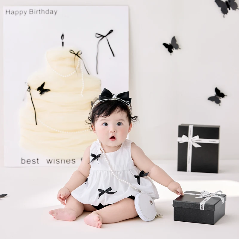 French Style Birthday Dress Newborn Photography Props 3-4 Month Baby Girl Outfits Birthday Gift Box Studio Photography SceneProp