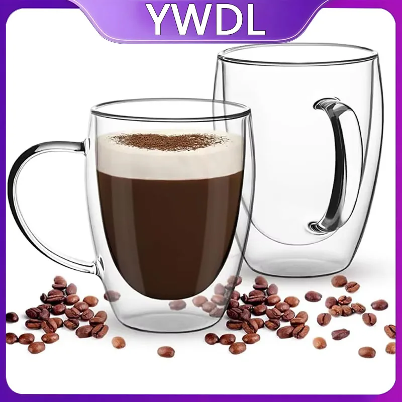 YWDL Doppelwandige Transparente Glas-Kaffeetasse mit Henkel 250/350/450ml Wärmeisoliert Hochtemperaturbeständig für Saft Milch