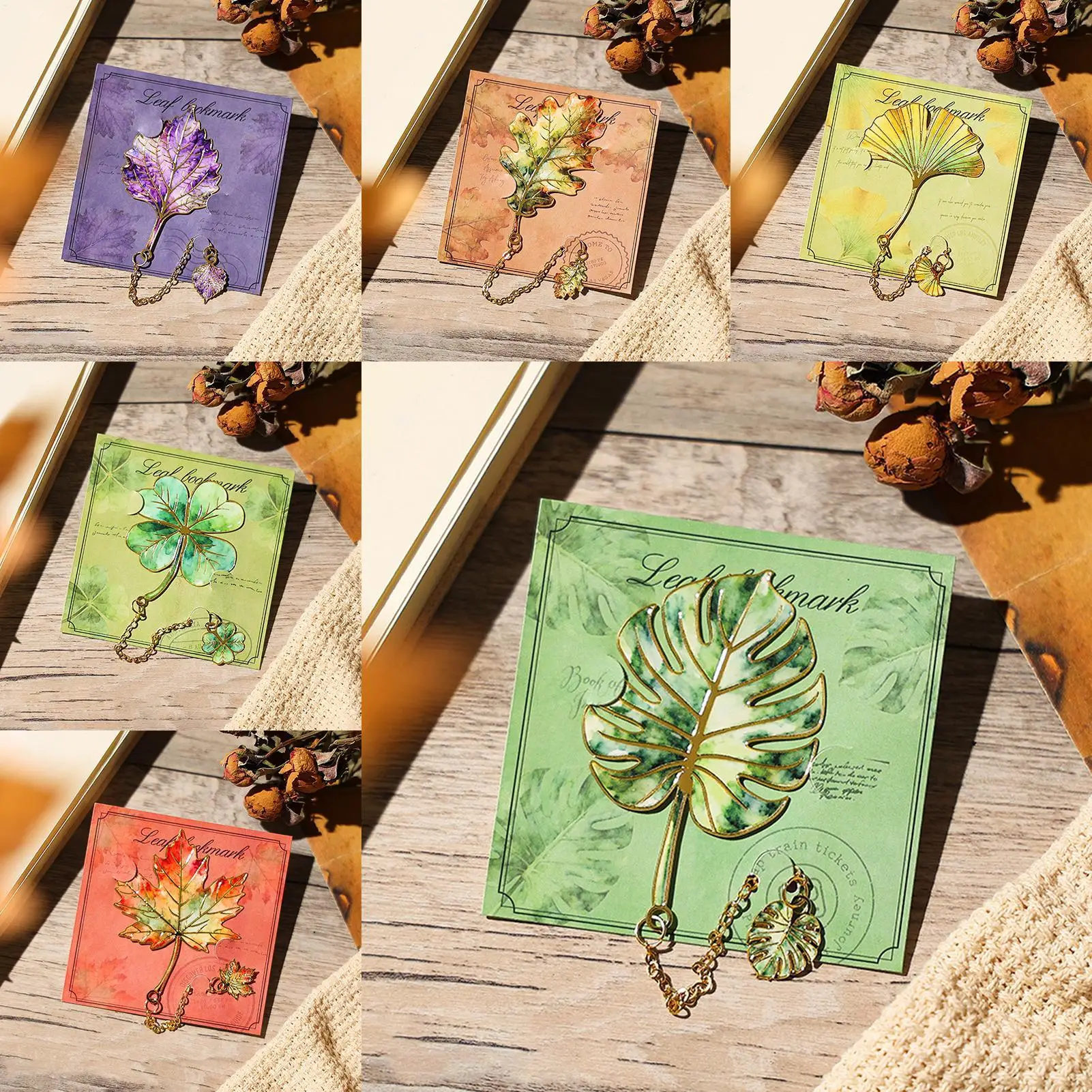1PC Leaves Metal Bookmark With Metal Chain Pendant Maple Leaves Leaf Four-Leaf Clover Bookmark Reading For Book Lovers view 2