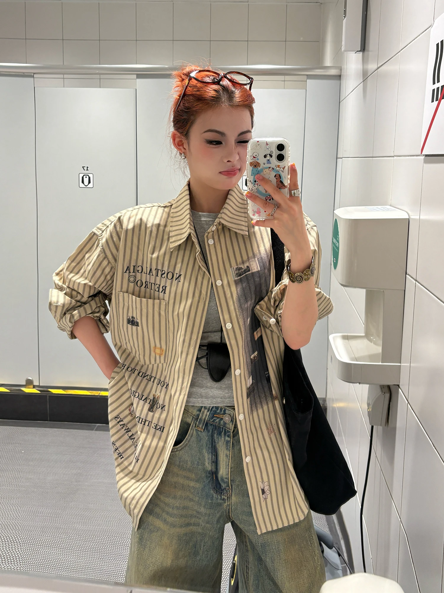 

Limited Edition American Retro fiti Print Long Sve irt Street Sle Loose Fit ex Mid-Length Casual irt