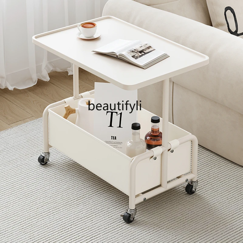 

Cream Style Sofa Side Table Living Room Movable Trolley Bedside Side Cabinet Storage Rack