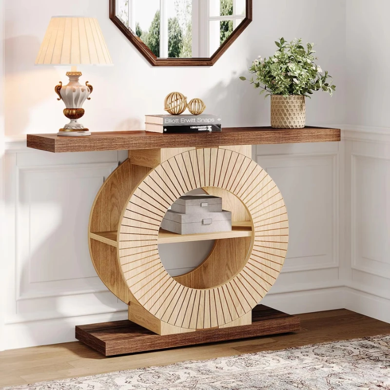 

Round base porch table 100cm, modern wooden porch sofa table with open shelf, suitable for living room corridor decoration