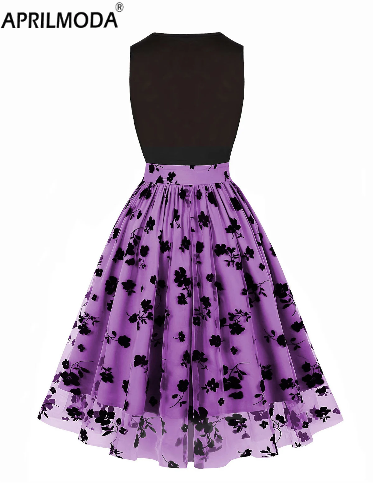 40s 50s 60s Black and Purple Floral Mesh Cocktail Party Dresses Birthday Women V-Neck Sleeveless Summer 1950s Vintage Midi Dress