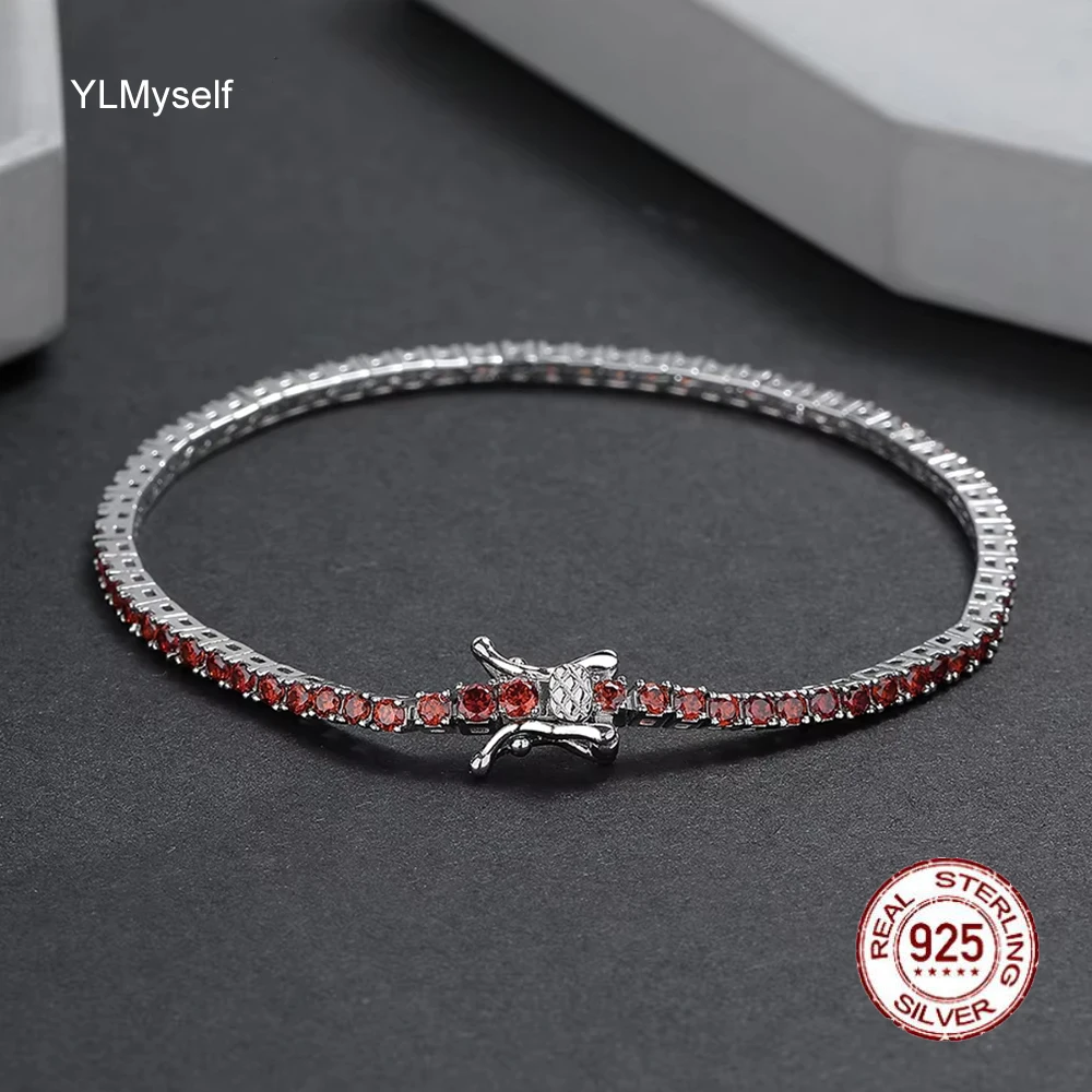 

YLMyself Tennis Bracelet 925 Silver 2mm Garnet Red CZ Bling Chain Fine Jewelry Gift for Women