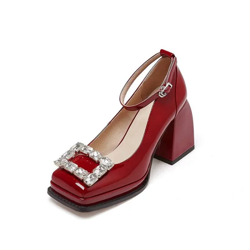 Waterproof Platform Mary Jane Shoes Thick Sole Women's High Heels New Chunky Heels Rhinestone Square Buckle Dress Ladies Pumps