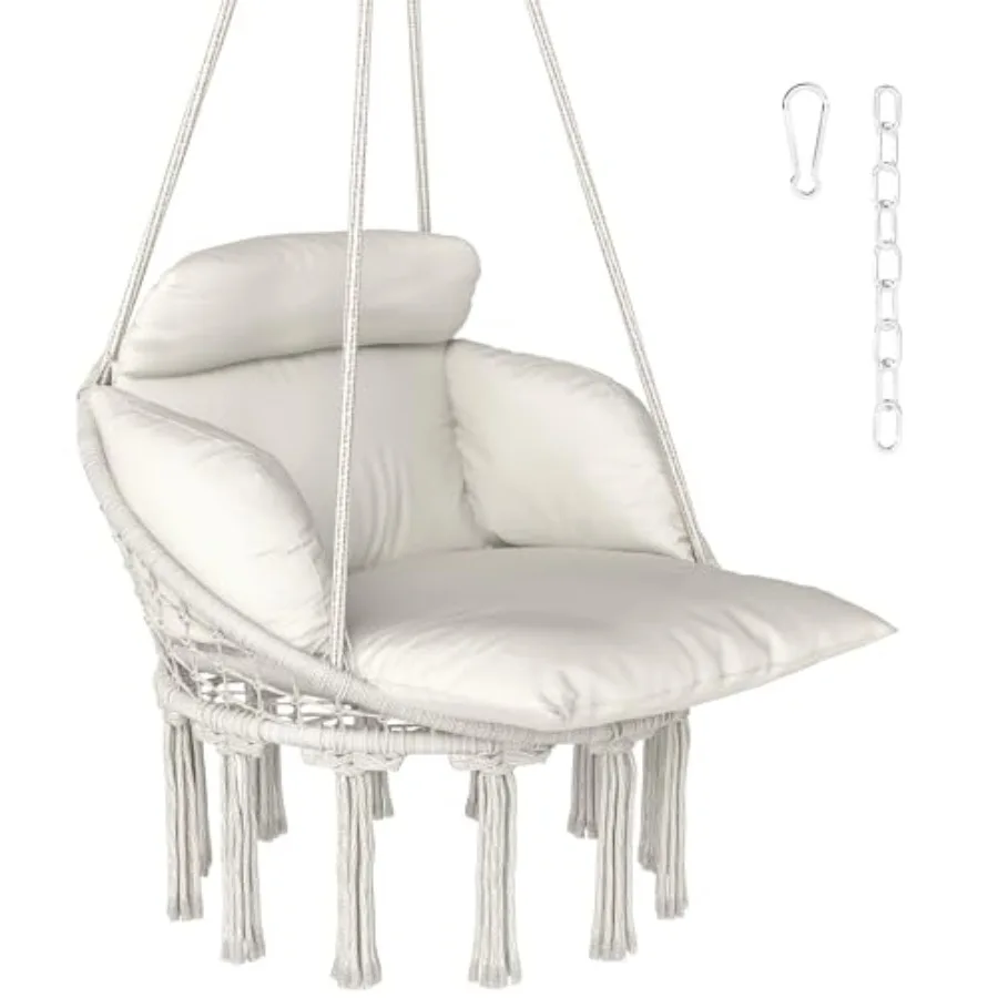 

Outdoor Hanging Chair with Large Cushion Cotton Rope Weaving Macrame Swing Chain 265 LBS Capacity Cream White for Indoor Outdoo