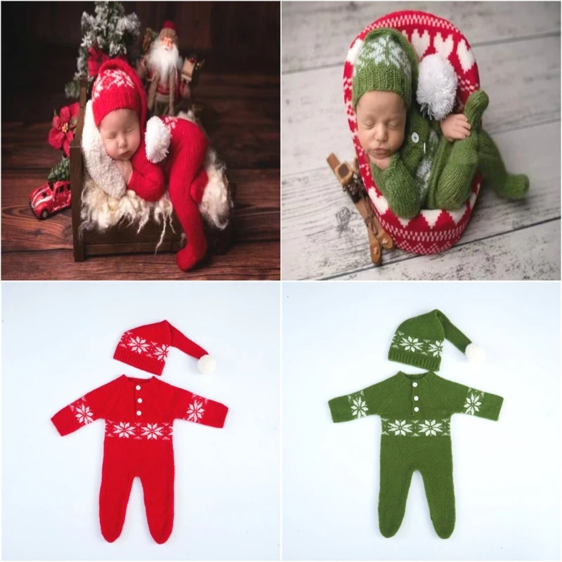 2Pcs/Set Newborn Photography Props Baby Outfits Crochet Christmas Snowflake Jumpsuit Hat for 0-3 Month Infant Boys Girls Clothes