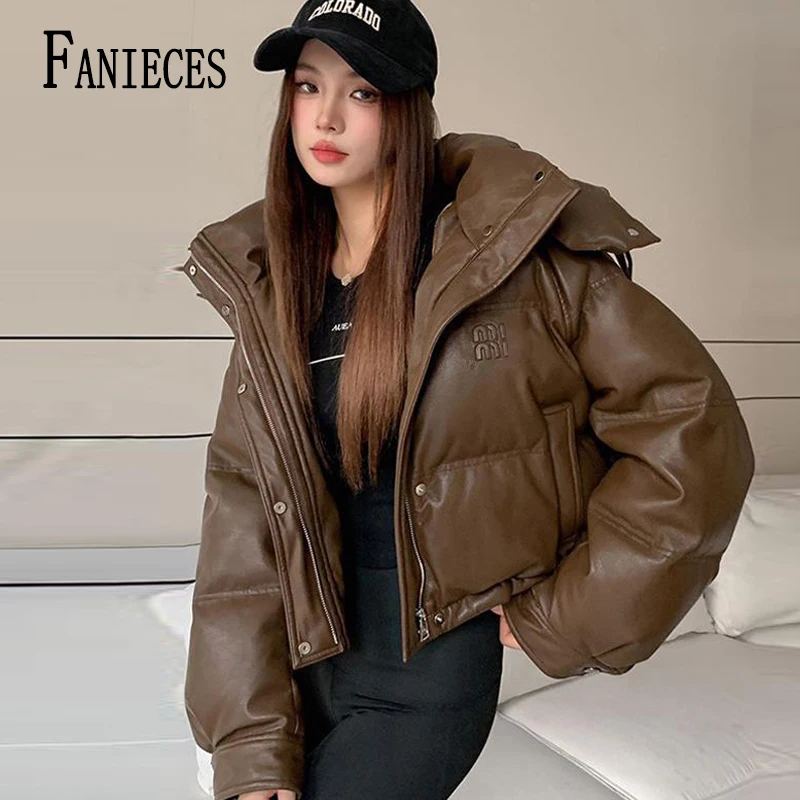 Casacos femininos com capuz de couro PU, manga comprida, algodão acolchoado, quente, grosso, streetwear casual, Outerwears, inverno, novo, 2022