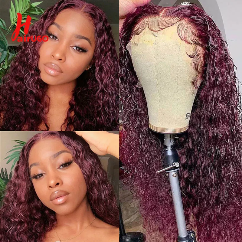 HairUGo 99J Deep Wave Lace Front Wigs Burgundy Lace Front Human Hair Wigs With Baby Hair Remy Transparent Lace Wigs for Woman