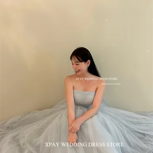 XPAY بسيطة متربة الأزرق لينة تول كوريا فساتين حفلة موسيقية مخصص حمالات الدانتيل حتى فساتين السهرة الزفاف طول الطابق تصوير أعلى 6 فساتين زيت أزرق مبيعا - رقم 6