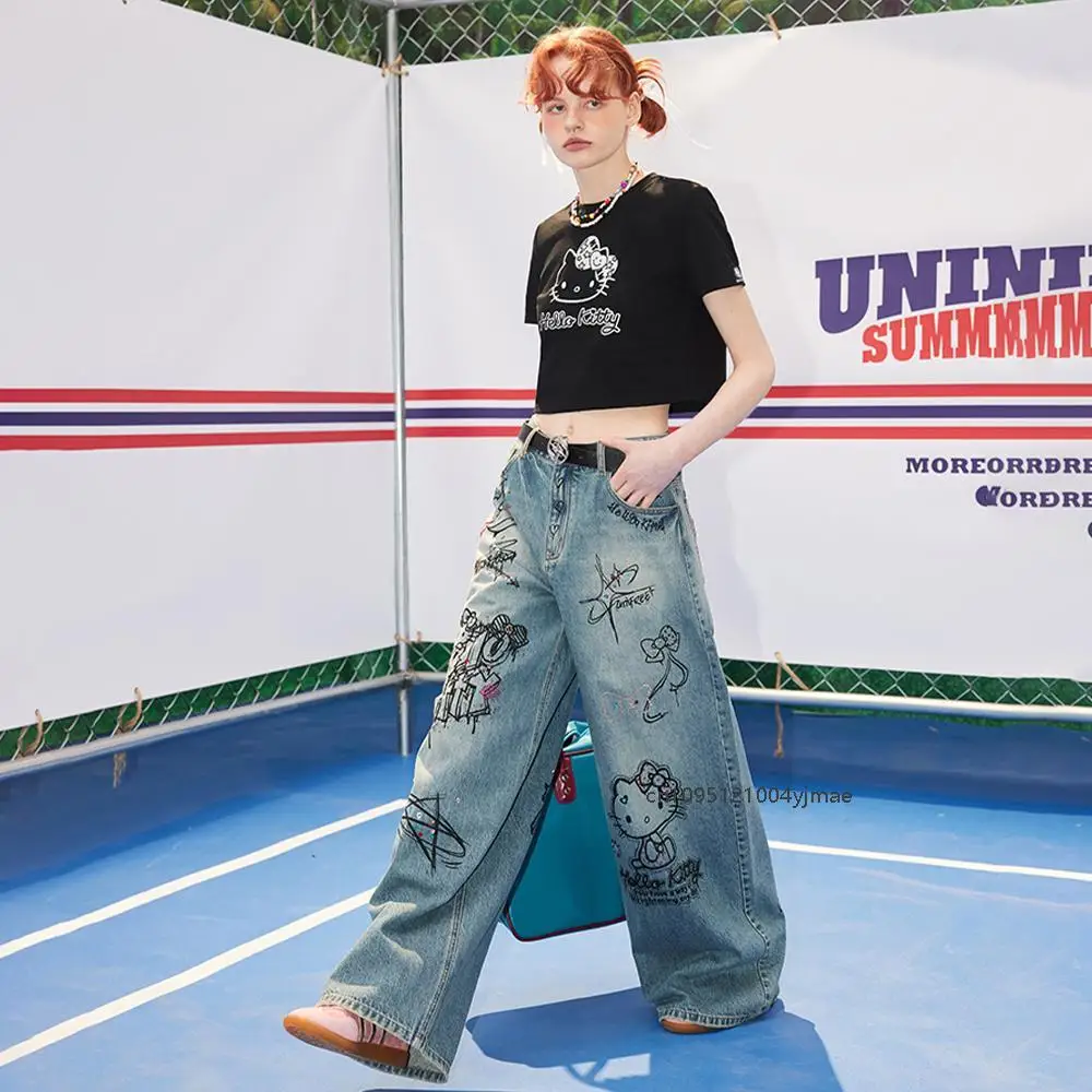 الشارع الشهير مرحبا كيتي بنطال ذو قصة أرجل واسعة Y2K سانريو الجينز النساء خمر الأزرق عادية فضفاض مستقيم بنطلون الكرتون سراويل أنيقة