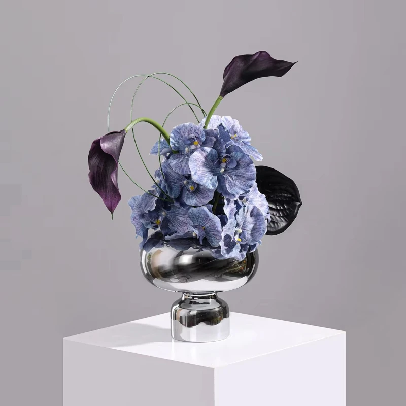 Modern Art Deco Blue Simulation Flower Glass Vase High End