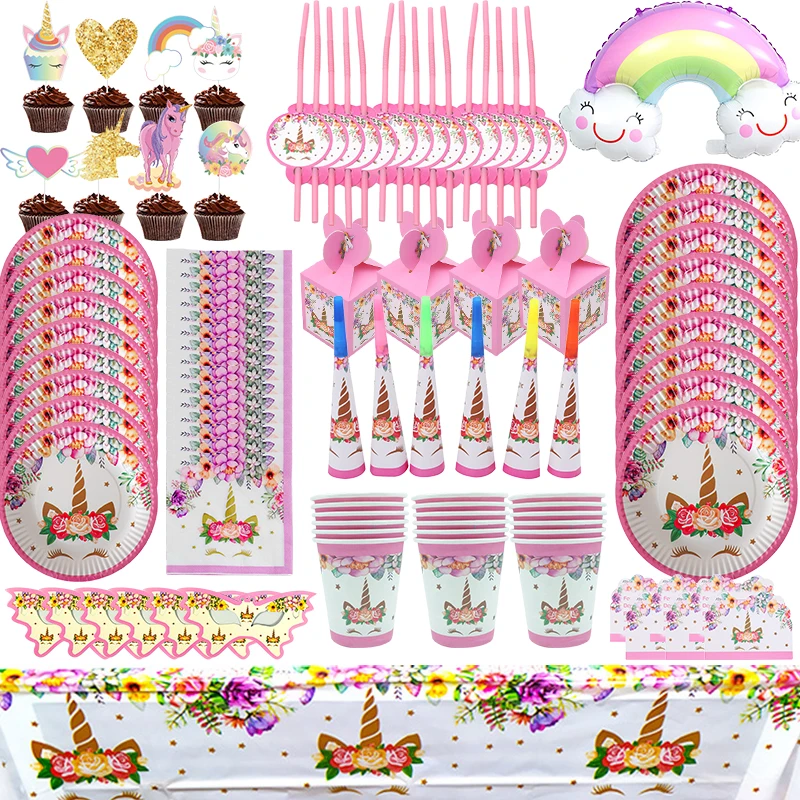 Unicorn Birthday Party Plates Cups Glasses Cake Topper Bracelets Banner Tableware Party Supplies Gifts Unicorn Girl Birthday Set