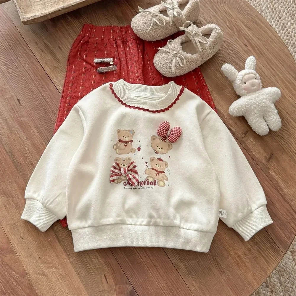 خريف جديد لطيف ملابس عقدة شعر للفتيات الدب كم طويل بلوزات وسراويل مخططة حمراء موضة الأطفال مجموعة النسخة الكورية #5