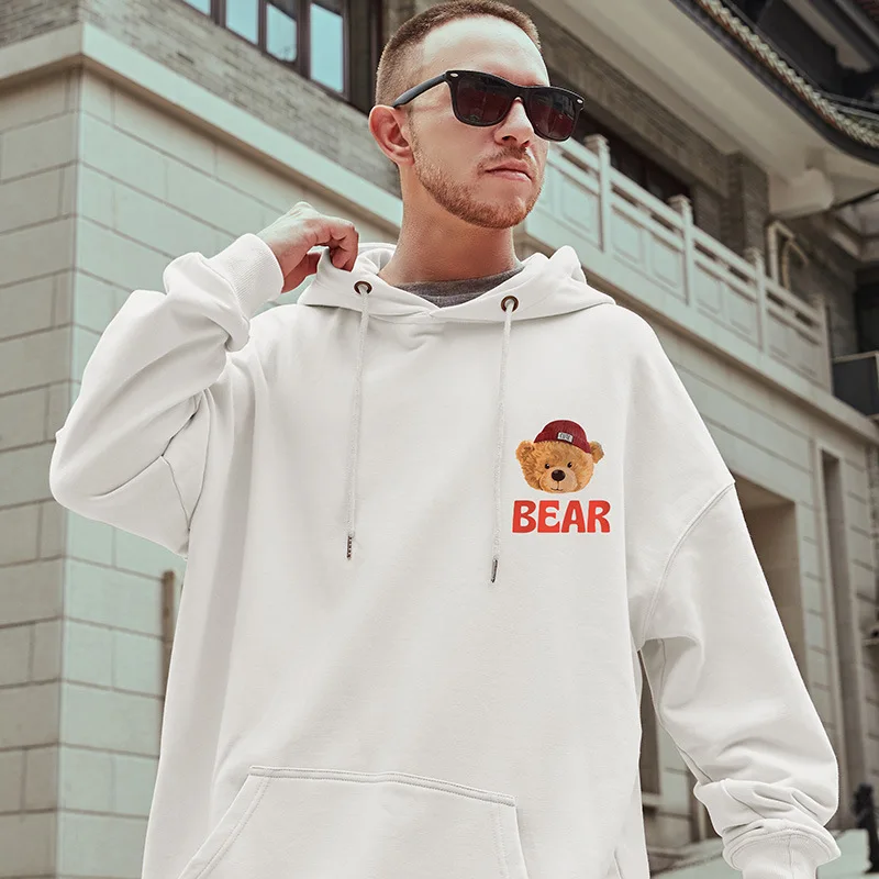 Men Bear Doll Print Kangaroo Pocket Drawstring Hoodies Winter plus velvet Thick Loose Pullover Hooded Sweatshirts Couple Clothes