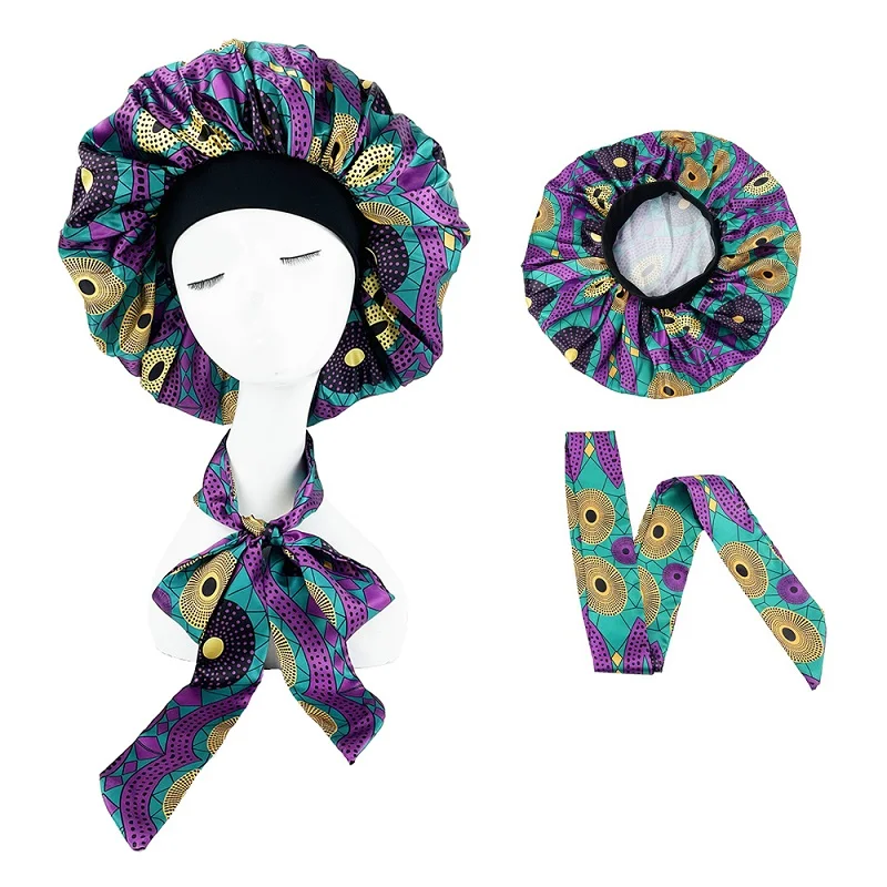 Extra Large African Pattern Print Satin Bonnet Women Night Sleep Cap Adjustable Wide Band Elastic Head Wrap Hair Bonnet Hat