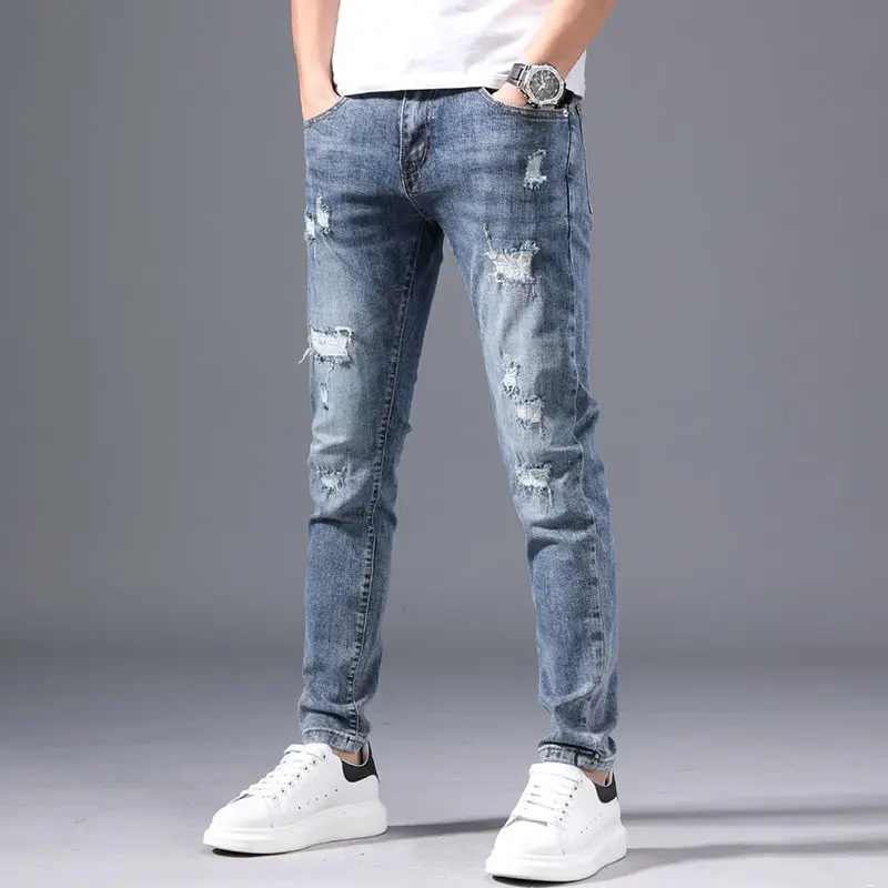 

High-end ripped jeans men's spring 2022 new slim fit small foot trend all-match nine-point pants men jeans men clothing