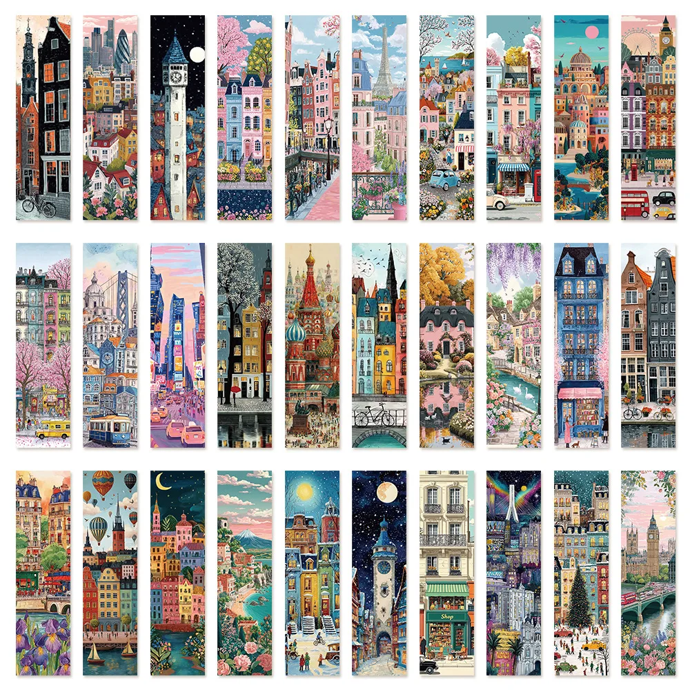 30PCS Romantic City Illustration Reading Graduation Student Graffiti Stationery Page Bookmarks  Stationery Supplies