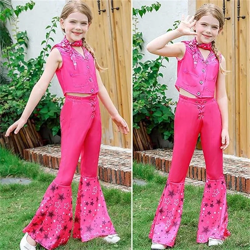 Cowgirl Pink Costume Set Girls Kids Disco Outfits Movie Heroine Dress Up For Children Halloween Cosplay Birthday Party Outfits