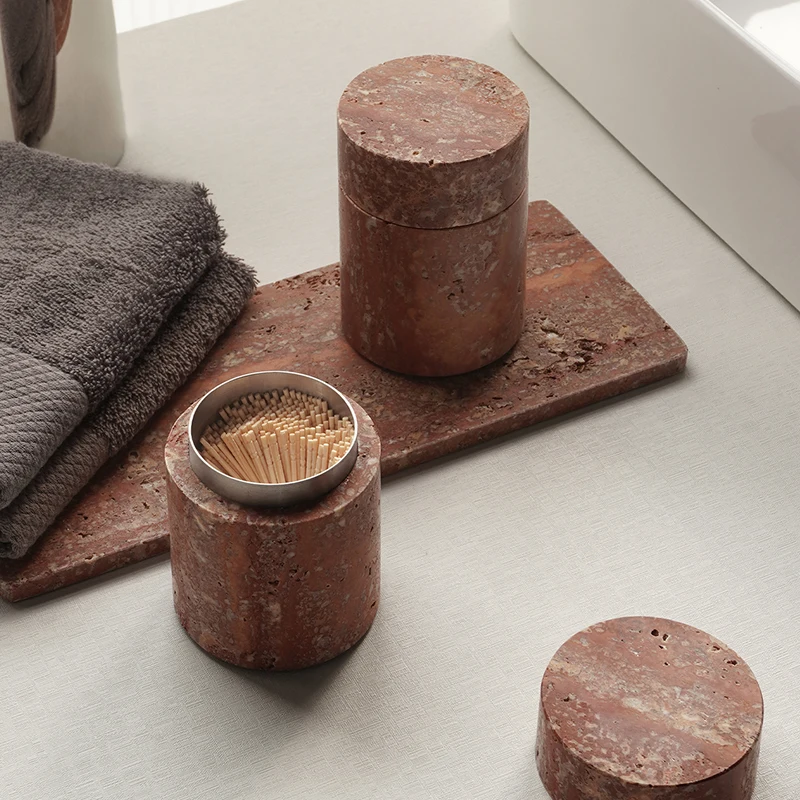 Travertine Qtip Holder Dispenser Bathroom Storage Organizer Jar for Cotton Swabs Balls Pads Toothpick Floss Picks
