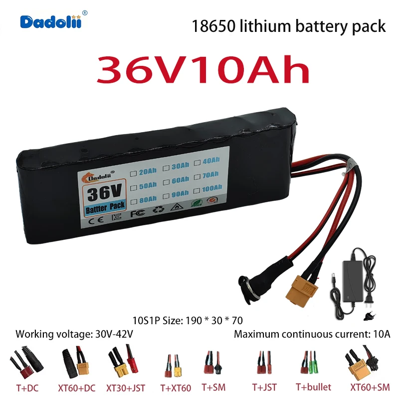 

36V 10S1P 10000mAh Battery Pack 10Ah 18650 Lithium Li-ion Rechargeable Batteries Electric Car Bicycle Scooter 20A BMS 500W