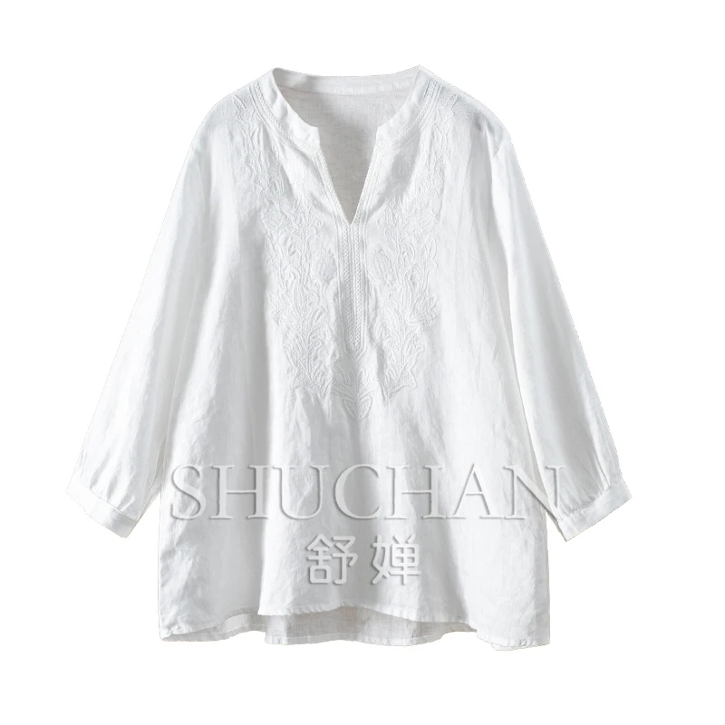 Exquisite Embroidery, French High Quality Linen Loose Crew Neck Blouse Women 7W07  Women Tops