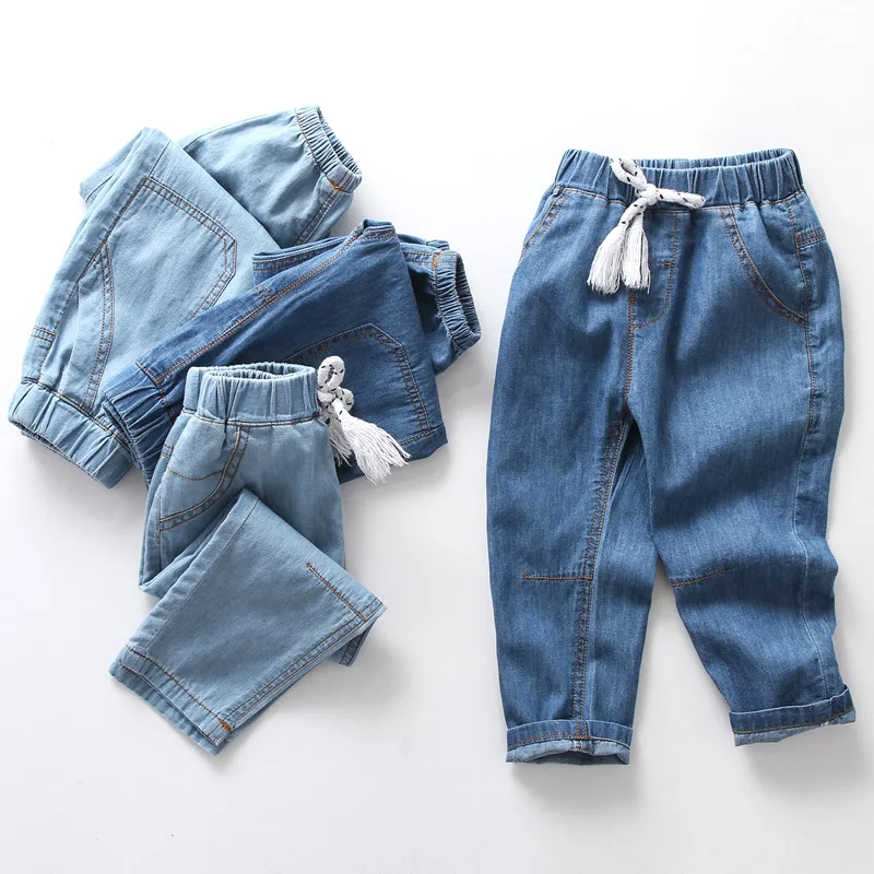 Summer kids boy\'s girls clothes elastic band loose thin denim trousers for toddler children clothing out wear cool jeans pants