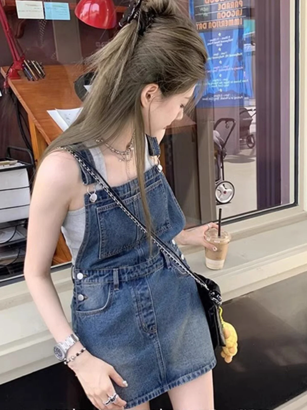 Slimming Denim Overalls Dress Women's Summer New Large Size Fat MM Tummy Control Slimming Dress Vintage Design A-Line Skirt