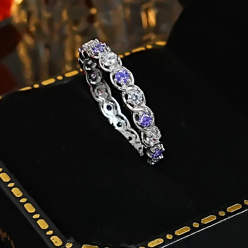 New Violet Full Diamond 925 Silver Row Diamond Ring Set with High Carbon Diamond Stacking, Stylish and Versatile for Women