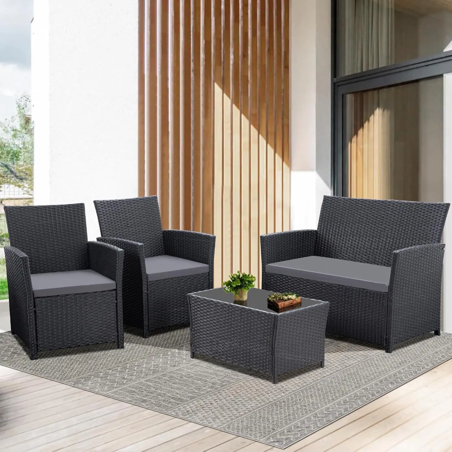 

4-Piece Outdoor Wicker Sectional Sofa Set - Balcony Porch Backyard (Black-Grey)