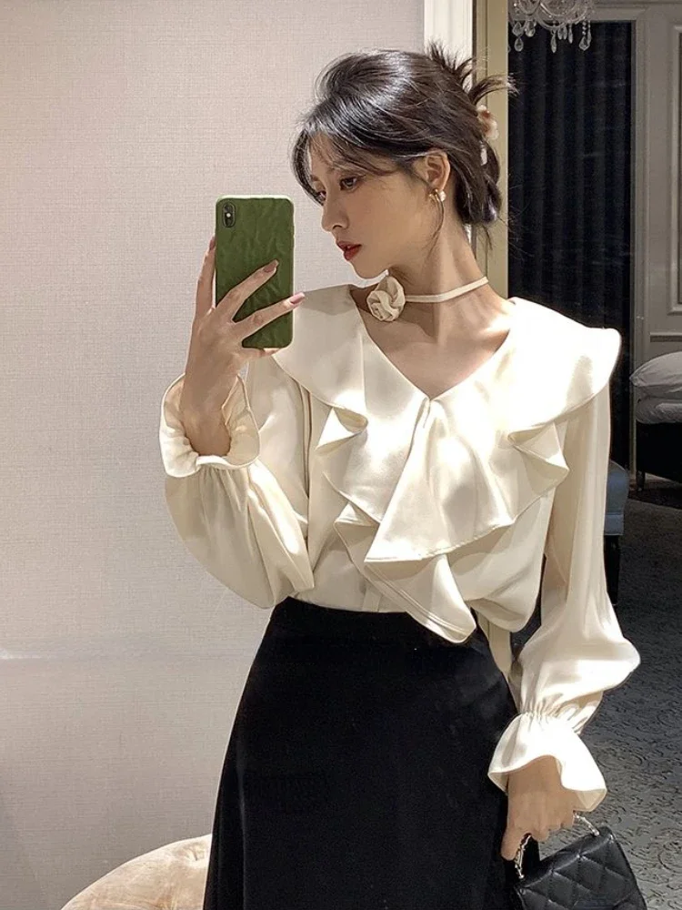 

French Elegant V-neck Design Chiffon Blouse Office Lady Autumn Casual Slim Outwear Long Sleeve Shirts 2024 Korean Fashion Chic