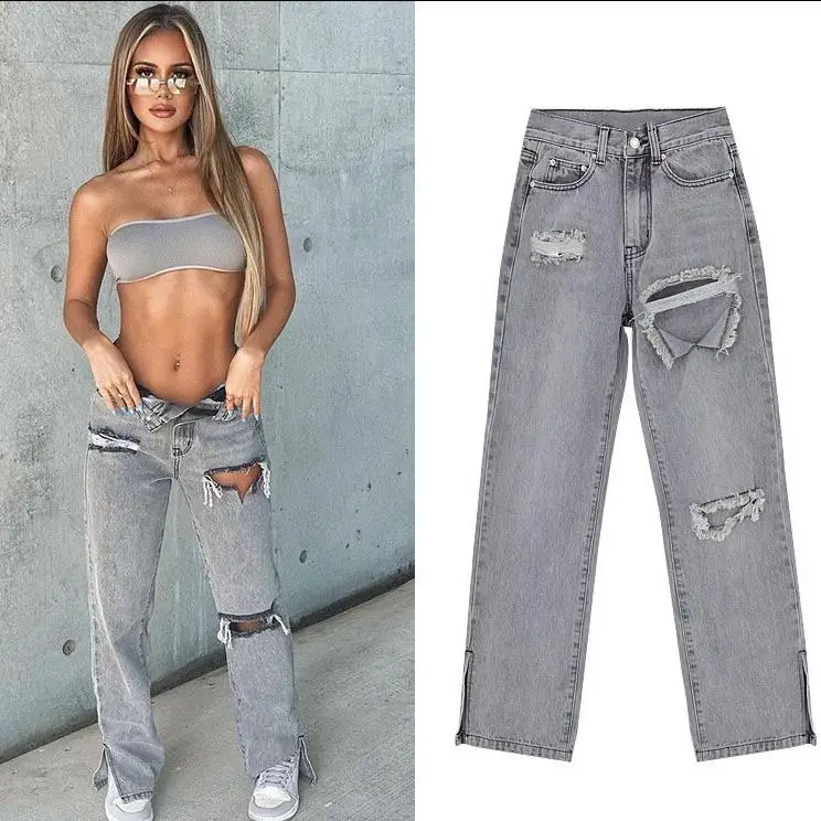 

High Waist Slim Straight Leg Denim Jeans Women's Floor Length Street Sle Waed Blue High Waist Straight Pants