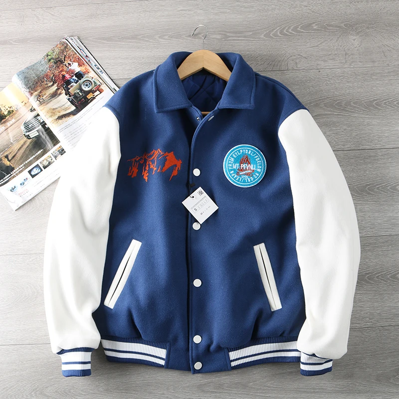 

Casual Men's Jaet with Embroidery Collar Patchwork Autumn Winter Thiened Long Sve Loose Fit Faion Urban Sle