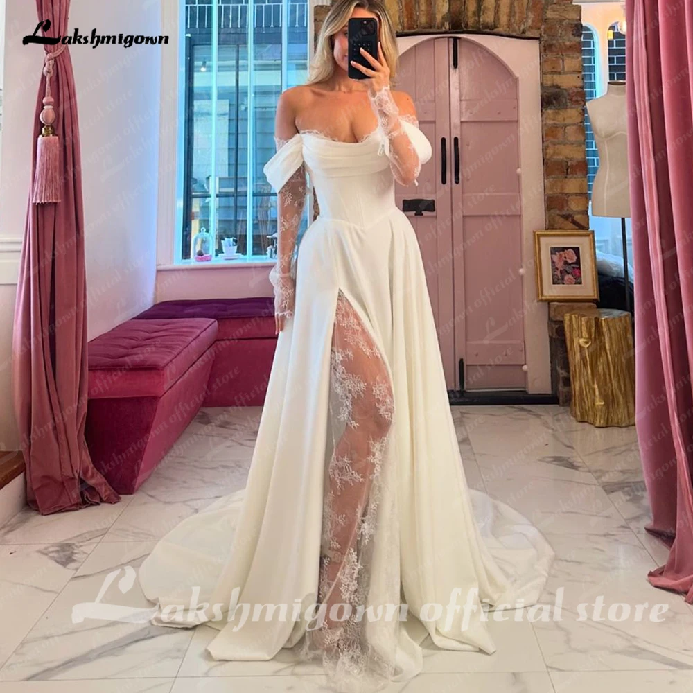 Lakshmigown Schulterfreie Plissee-Satin-Hochzeitskleider Maßgeschneiderte Langarm-A-Linien-Brautkleider mit Schleppe – Detail 5