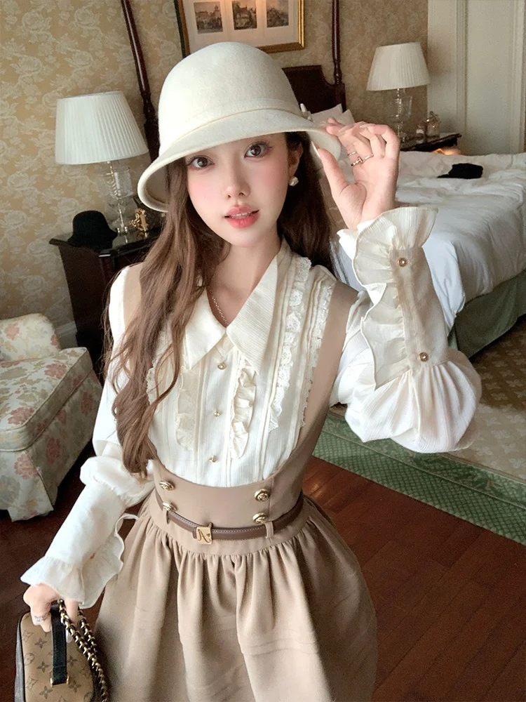 

Acaine Bernley Lace Long Sve irt And Overalls Women's Faion Set Polyester Nylon Fabric Button Closure Autumn Sle