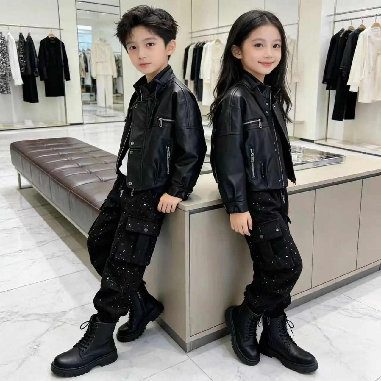 Kids Boys Girls Spring Autumn 2‑Pcs Set Korean Faux Leather Jacket Rhinestone Cargo Pants Trendy Outfit