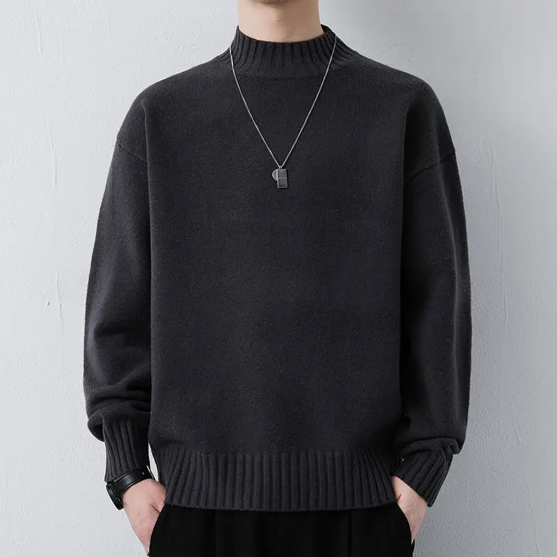 Half High Collar Loose Sweaters Autumn Winter New Basic Solid Color Men's Clothing Casual Long Sleeve Vintage Knitted Pullovers