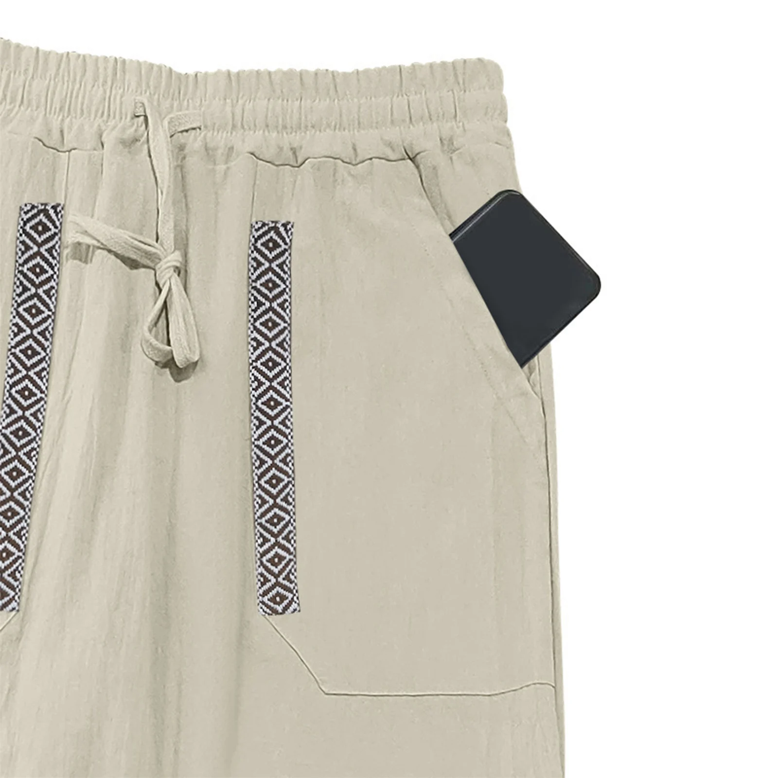 

Men's Drawstring Linen Pants with Pockets Stylish Geometric Embroidery Casual Mid Rise Wide Leg Trousers for All Seasons