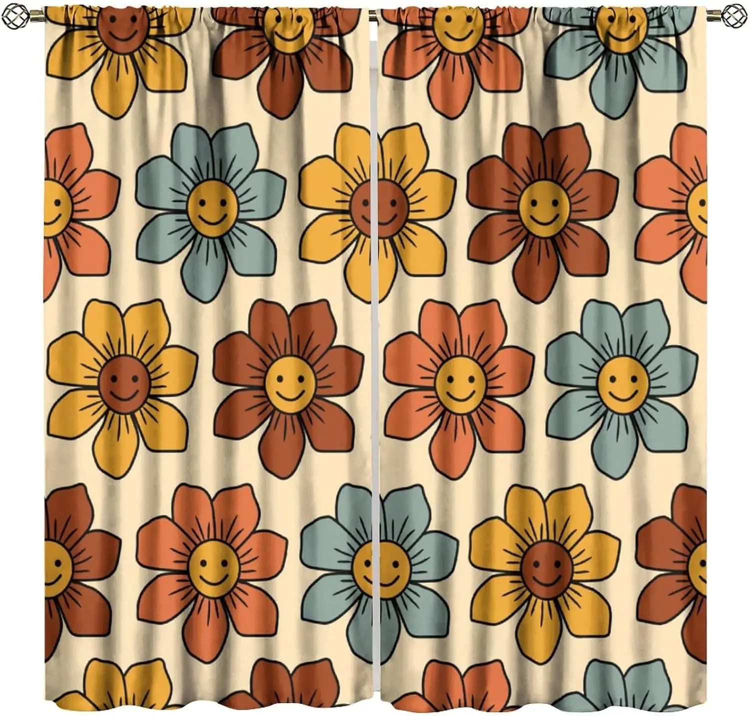 70s Flowers Curtains Retro Colors Floral Groovy Vintage Colorful Blackout Window Drapes for Bedroom Living Room Kitchen Cafe